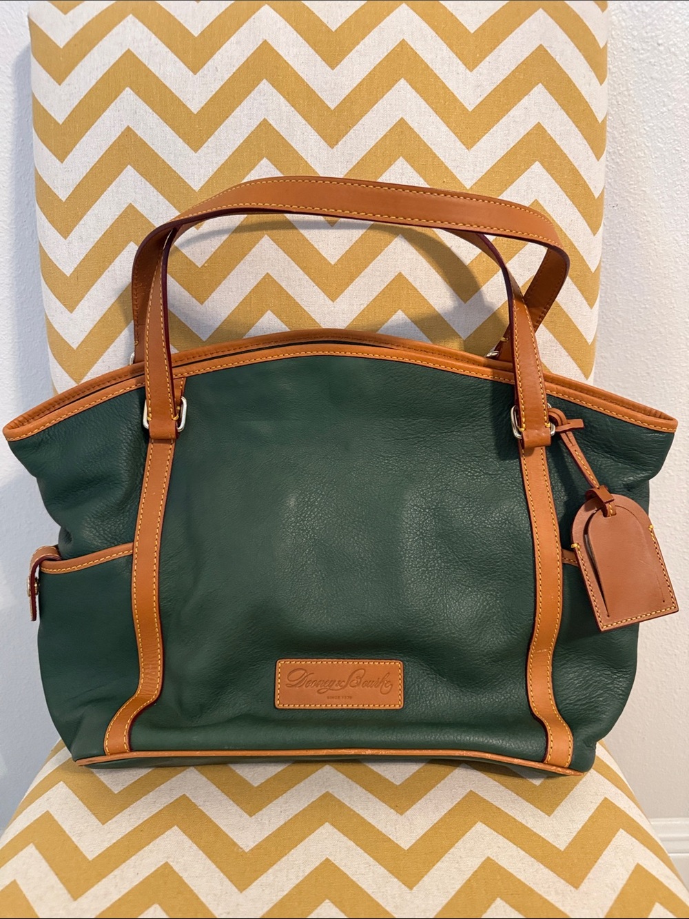 Dooney & Bourke Green Florentine Leather Tote with Tan Trim